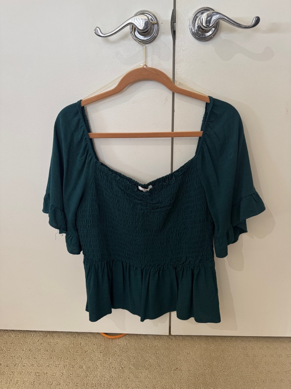 Smocked Square-Neck Peplum Top in Deep Teal